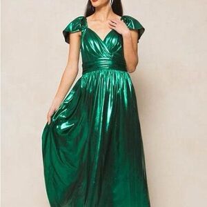 Ivy City Co Green Metalic V-Neck Dress